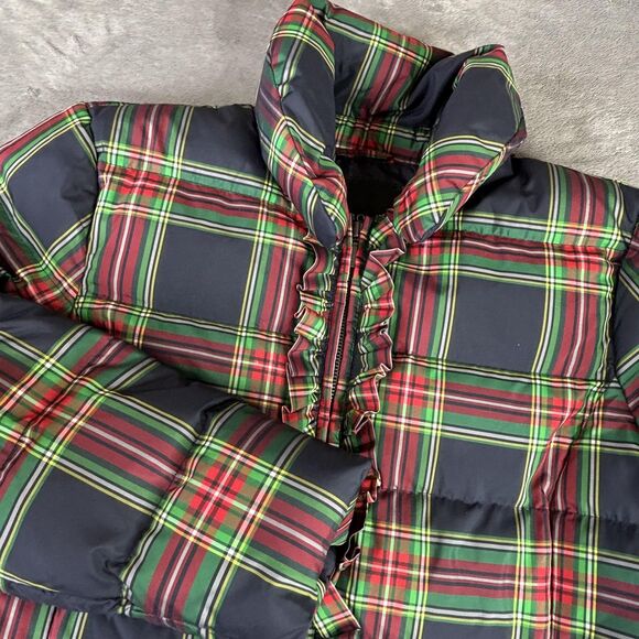 Talbots Jacket Womens Medium Navy Red Green Plaid Down Puffer Ruffle Coat - Picture 1 of 12